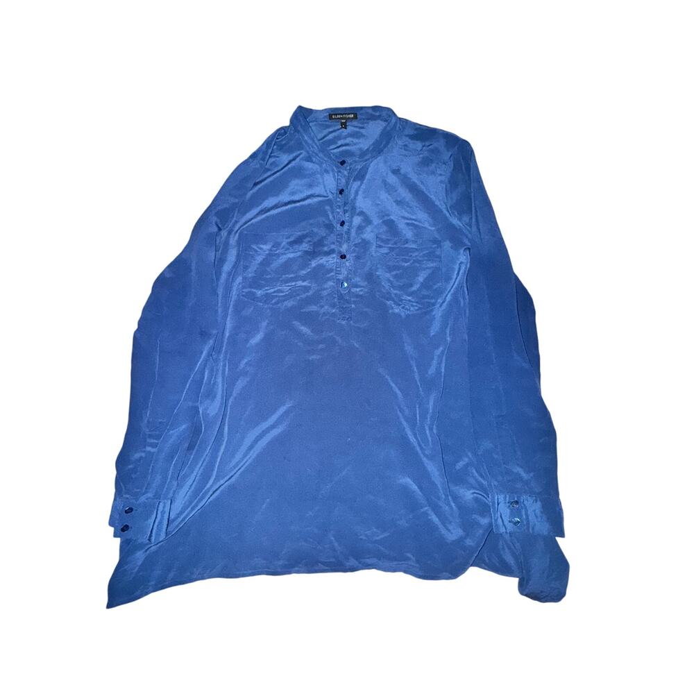 Eileen Fisher Blouse Women's Size S Navy Blue 1/2 Button Front L/S 100% Silk